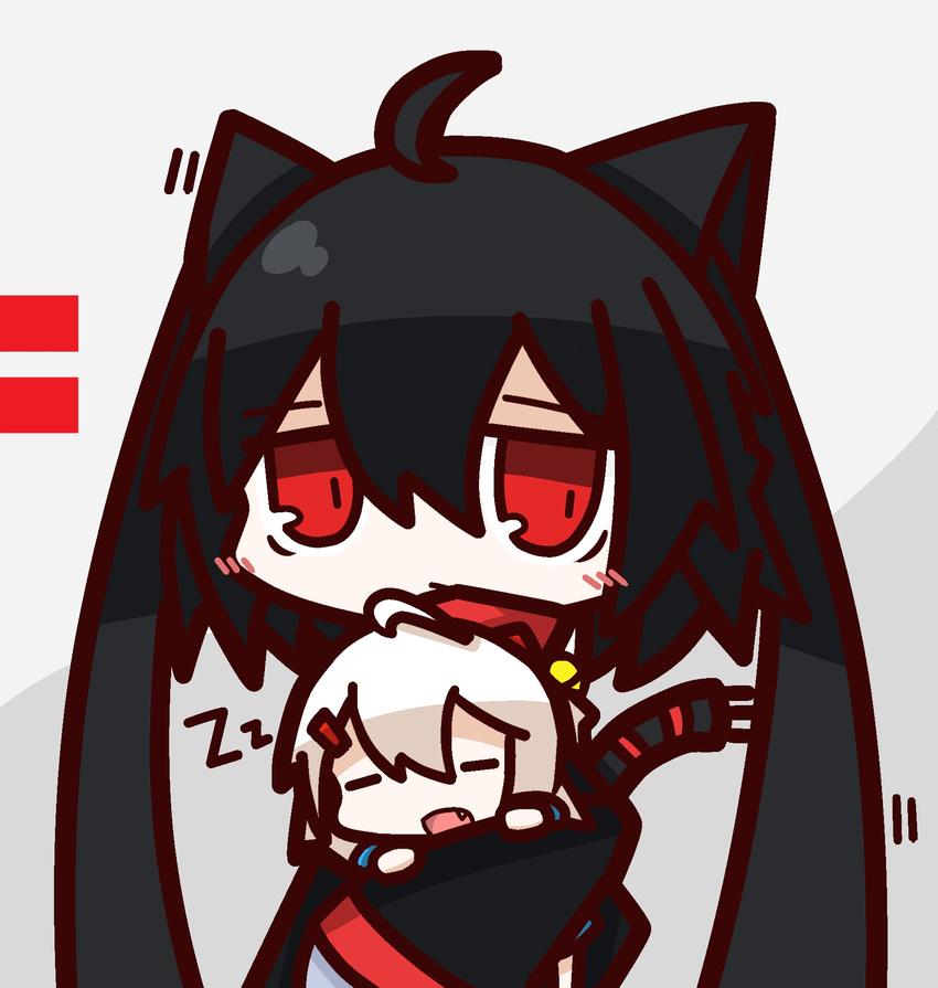 ahoge animal_ears bad_id bad_pixiv_id black_hair cat_ears cat_tail claws closed_eyes fang highres multiple_girls nuu_(nu-nyu) open_mouth original red_eyes short_hair sleeping tail white_hair zzz