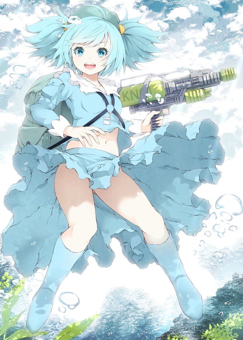 :d absurdres ass_visible_through_thighs backpack bag blue_eyes blue_hair boots hair_bobbles hair_ornament hat highres kawashiro_nitori key legs long_sleeves looking_at_viewer midriff mikoma_sanagi navel no_panties open_mouth short_hair skirt smile solo super_soaker touhou trigger_discipline two_side_up underwater weapon
