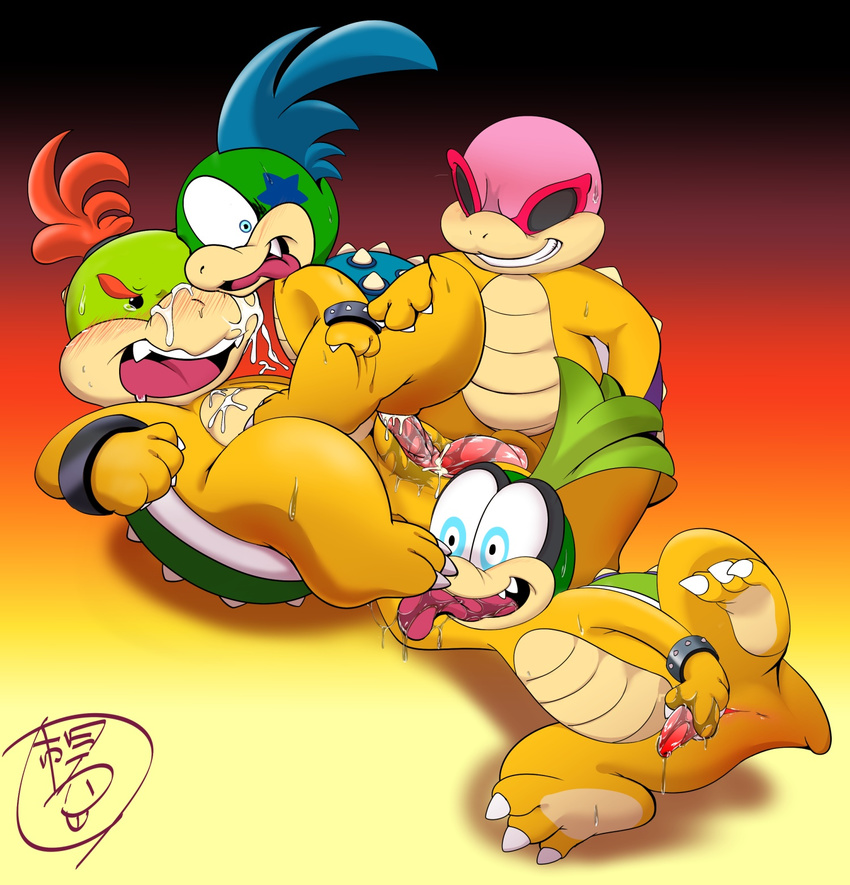 3_toes 4_fingers anal anal_penetration bald barefoot beige_nose black_background black_eyes blue_eyes blue_hair blush bowser_jr. claws cloaca cowgirl_position crossgender crying cum cum_on_face cum_on_feet cum_on_hand cum_on_penis cum_on_stomach cute drooling erection eyewear female fist foot_fetish foursome gay glasses green_hair group group_sex hair happy hi_res iggy_koopa incest juice k_m_art__ koopa koopalings larry_koopa licking licking_foot looking_at_viewer looking_back lying m@rt male mario_bros masturbation messy nintendo nude on_back on_top open_mouth orange_background orgasm penetration penis pink_penis plain_background pussy pussy_juice raised_leg red_background red_hair red_penis reptile roy_koopa saliva scalie sex sharp_teeth shell short_hair sitting size_difference smile spikes spread_legs spreading star straddling straight sweat tears teeth toe_claws tongue tongue_out turtle video_games white_eyes yellow_background young