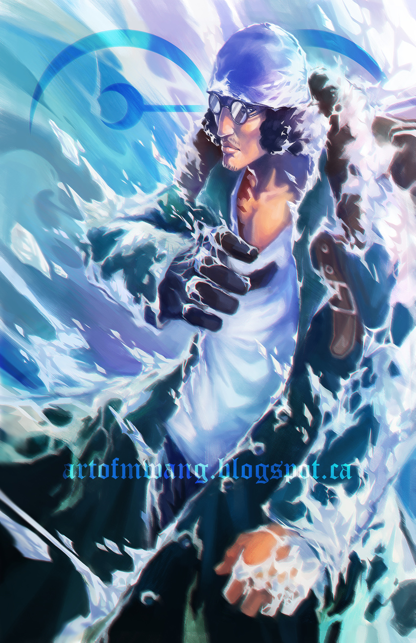 absurdres backpack bag black_hair facial_hair glasses gloves highres huge_filesize ice jacket kuzan_(aokiji) male_focus mikael_wang one_piece open_clothes open_jacket scar single_glove solo watermark web_address