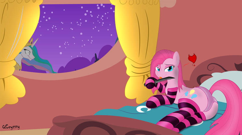 absurd_res bed bedroom bedroom_eyes being_watched butt clothing creepy crown cutie_mark earth_pony equine female feral friendship_is_magic hi_res horn horse knife legwear mammal my_little_pony panties pinkamena_(mlp) pinkie_pie_(mlp) pony princess_celestia_(mlp) qcryzzy smile stars stockings straight_hair tongue underwear window winged_unicorn wings