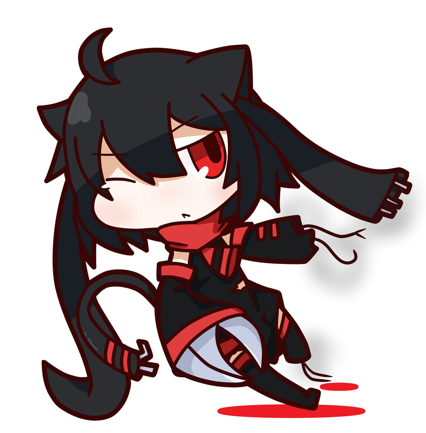 absurdres ahoge animal_ears bad_id bad_pixiv_id black_hair cat_ears cat_tail claws highres nuu_(nu-nyu) one_eye_closed original red_eyes short_hair solo tail wire