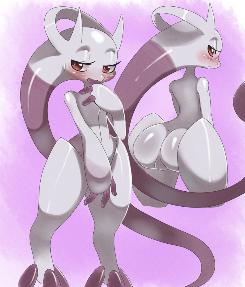 3_fingers 3_toes anthro barefoot big big_butt blush butt eyelashes female frown hi_res legendary_pokemon looking_at_viewer looking_back mega_mewtwo_y mewtwo nintendo nude pink_background plain_background pok&eacute;mon presenting presenting_hindquarters presenting_pussy pussy raised_arm red_eyes solo sssonic2 sweat video_games