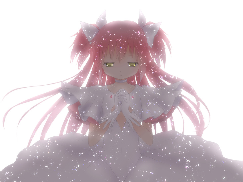 bad_id bad_pixiv_id bow choker dress gloves hair_bow hands_clasped highres kaname_madoka long_hair magical_girl mahou_shoujo_madoka_magica own_hands_together pink_hair q-v_(levia) smile solo spoilers two_side_up ultimate_madoka white_background white_dress yellow_eyes