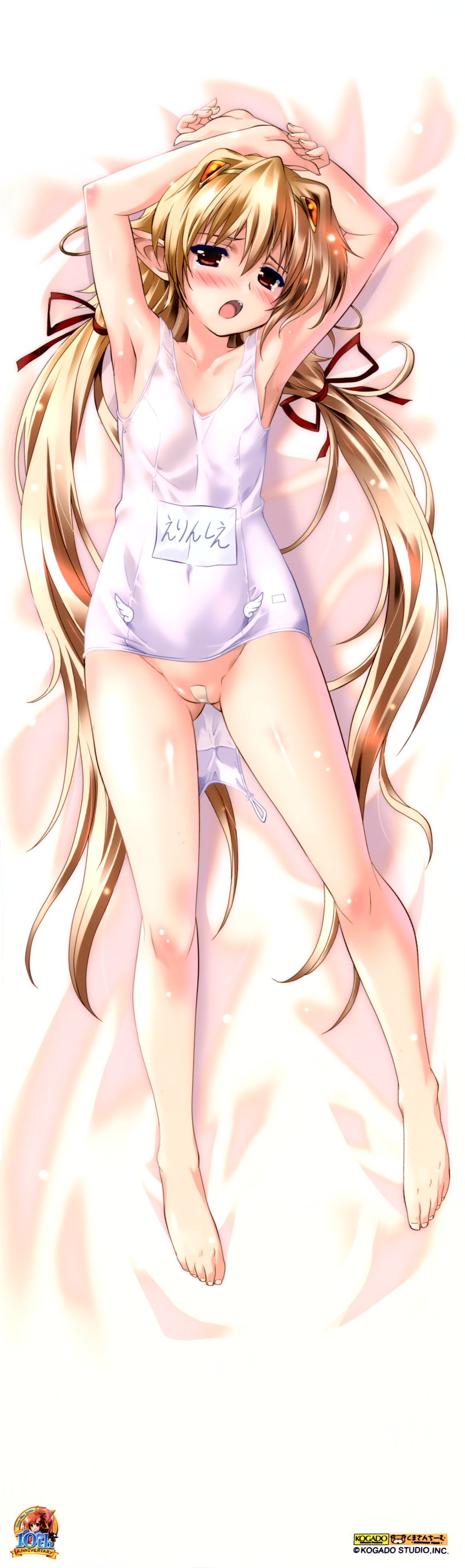 absurdres aoi_sora_no_neosphere armpits arms_up bandaid bandaid_on_pussy barefoot blonde_hair blush bottomless brown_eyes dakimakura earrings elincie_yerthrop full_body highres hoop_earrings jewelry komatsu_eiji legs long_hair long_legs name_tag one-piece_swimsuit open_mouth pointy_ears school_swimsuit solo swimsuit twintails very_long_hair white_school_swimsuit white_swimsuit