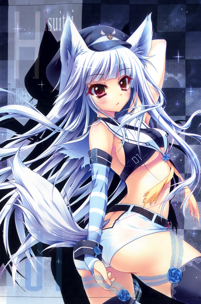 absurdres animal_ears arm_up ass bangs bare_shoulders black_bra black_legwear blue_hair blunt_bangs bra breasts checkered checkered_background detached_sleeves eyelashes fox_ears fox_tail hat highres izumi_tsubasu lace large_breasts long_hair looking_at_viewer midriff parted_lips pink_eyes scan shadow shirt short_shorts shorts solo star starry_background tail taut_clothes taut_shirt thighhighs torn_clothes torn_shirt tsurime underboob underwear