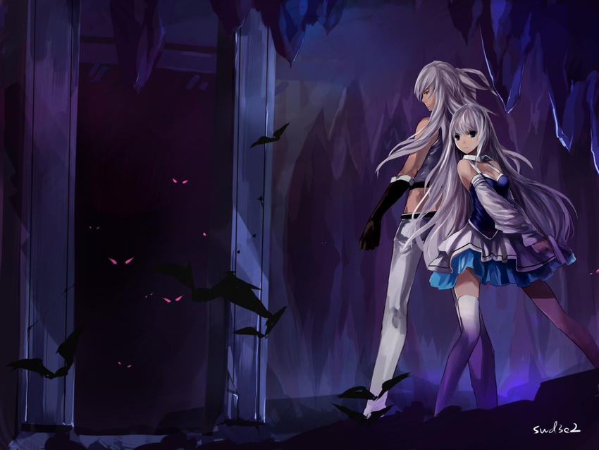 animal bat black_eyes blue_eyes dress dungeon_and_fighter elbow_gloves gray_hair gun long_hair signed swd3e2 thighhighs weapon