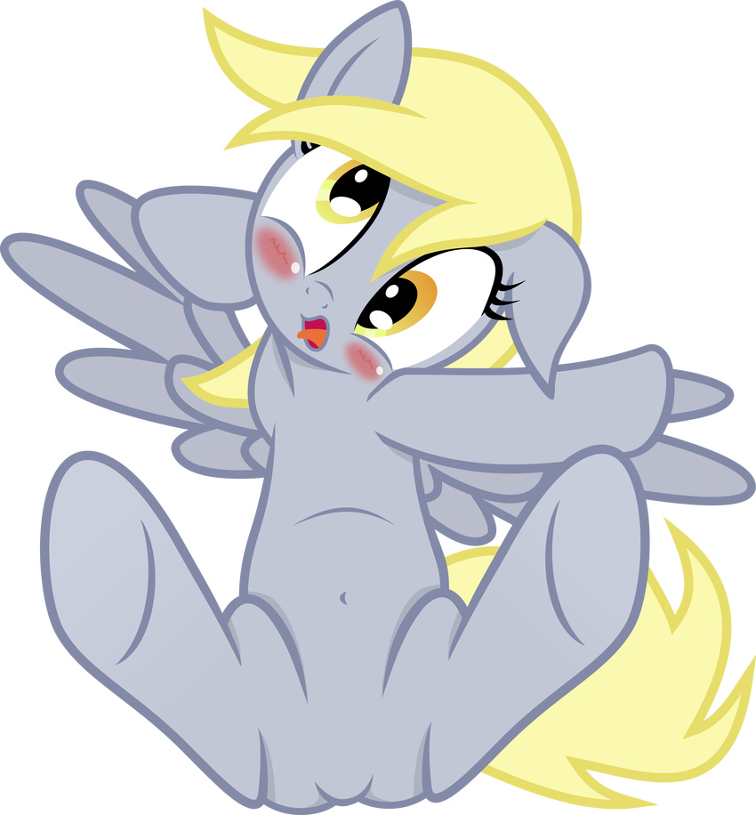 absurdly_absurd_res alpha_channel amber_eyes blonde_hair blush derpy_hooves_(mlp) equine female feral friendship_is_magic fur grey_fur hair hi_res horse long_hair looking_at_viewer mammal medio-cre my_little_pony open_mouth pegasus plain_background pony pyruvate solo spread_legs spreading tongue tongue_out transparent_background wings yellow_eyes