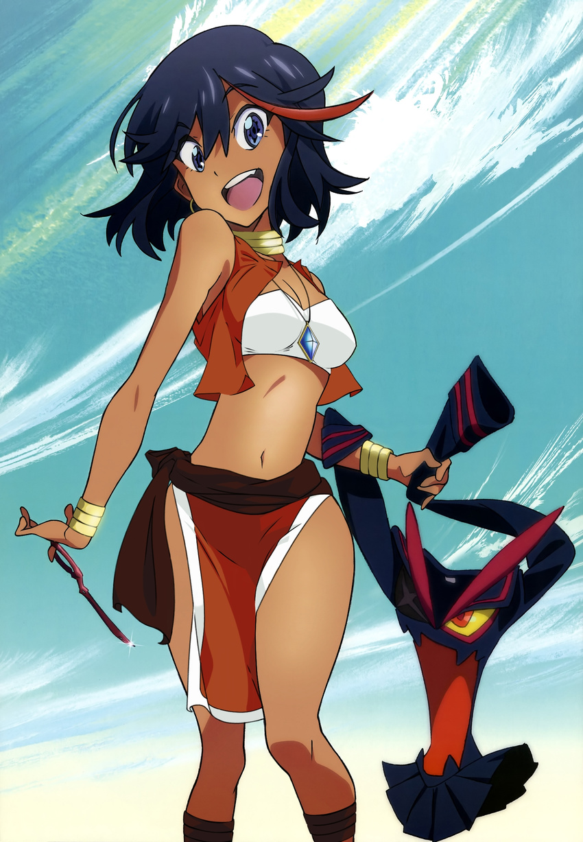 absurdres artist_request bare_shoulders black_hair blue_eyes bob_cut bracelet breasts cleavage cloud company_connection cosplay cross-laced_sandals day derivative_work earrings fushigi_no_umi_no_nadia gainax hair_ornament hairclip happy highlights highres hoop_earrings jewelry kill_la_kill loincloth looking_at_viewer matoi_ryuuko medium_breasts midriff multicolored_hair nadia nadia_(cosplay) navel neck_ring necklace non-web_source open_mouth parody pelvic_curtain red_hair senketsu short_hair sky smile solo trigger_(company) vest