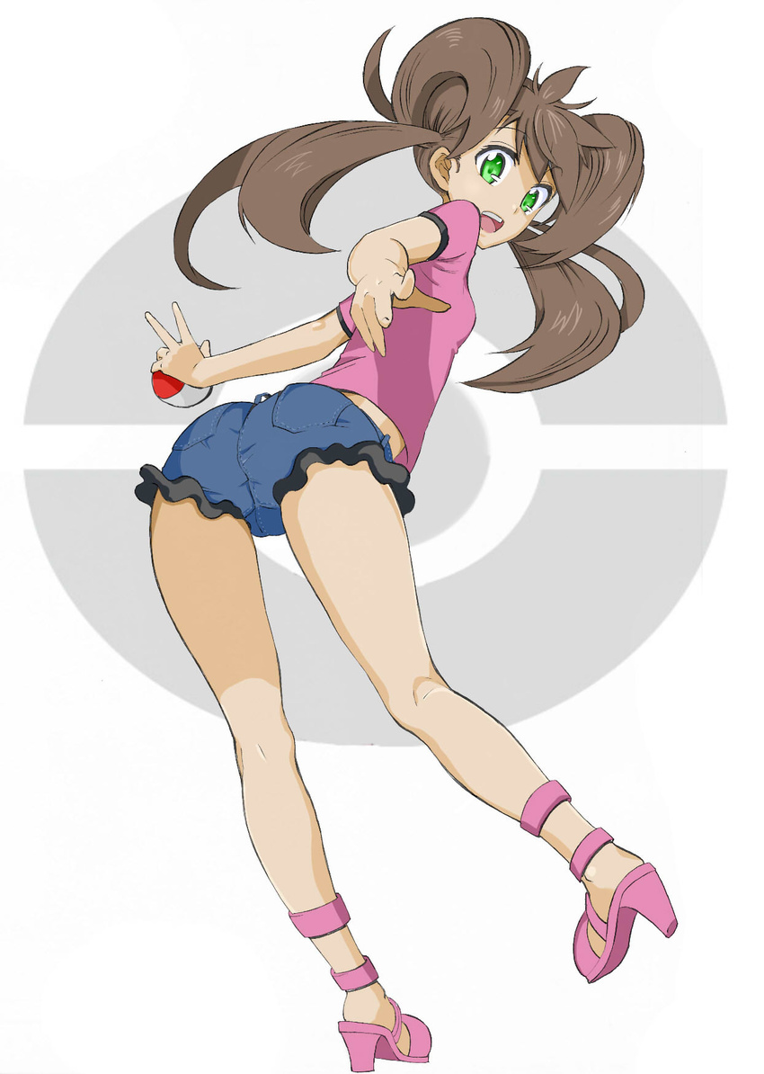 ass brown_hair flat_ass from_behind full_body green_eyes high_heels highres kneepits long_hair looking_at_viewer looking_back open_mouth pointing pointing_at_viewer poke_ball pokemon pokemon_(game) pokemon_xy quad_tails sana_(pokemon) short_shorts shorts smile solo thigh_gap twintails yorudo_kaoru