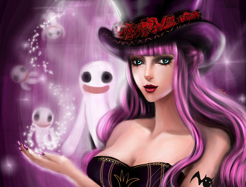 blue_eyes breasts cleavage close-up ghost hat highres lilyzou lipstick long_hair makeup nail_polish one_piece perona pink pink_hair signature solo sparkle tattoo top_hat