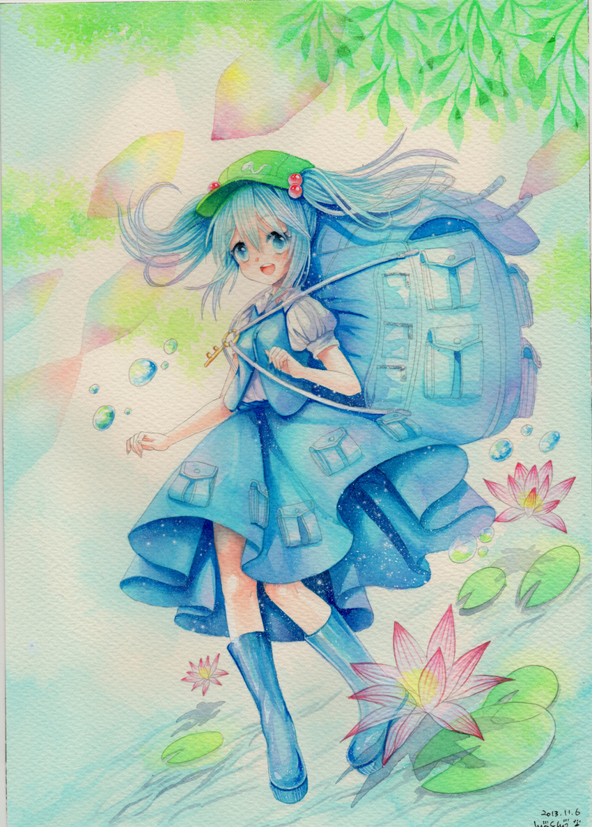 artist_name backpack bag blue_eyes blue_hair blush boots bubble dated flower full_body hair_bobbles hair_ornament hat highres kawashiro_nitori key leaf looking_at_viewer lotus mosho open_mouth pocket puffy_sleeves rubber_boots shirt short_hair short_sleeves skirt skirt_set smile solo touhou traditional_media two_side_up vest water watercolor_(medium) white_shirt