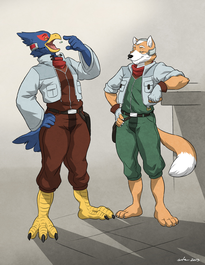 avian bandanna barefoot beak belt bird black_nose blue_body brown_fur canine claws clothing duo eyes_closed falco_lombardi feathers fox fox_mccloud fur gloves green_eyes grin growth hair jacket male mammal microphone nintendo open_mouth orange_fur pants pose shirt smile standing star_fox suit talons toe_claws tongue video_games wfa white_hair