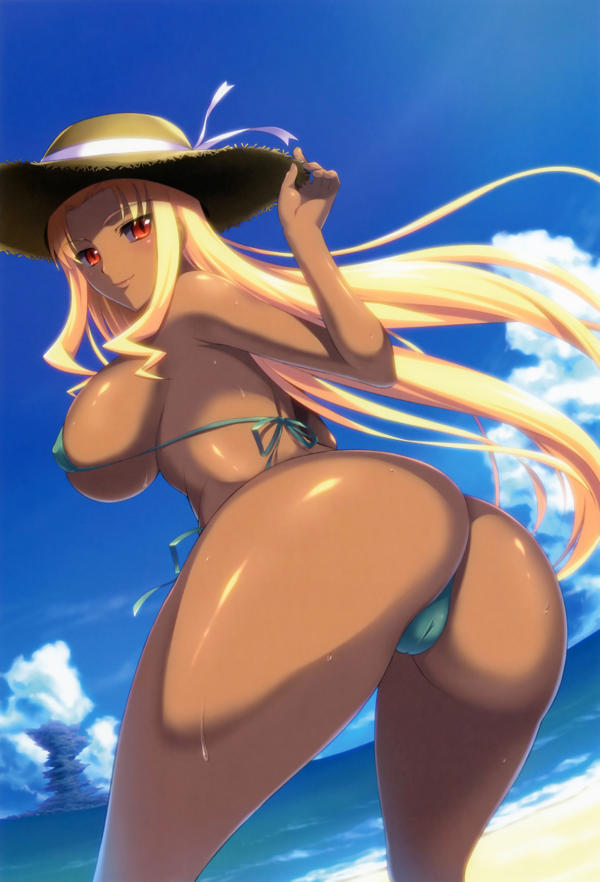 absurdres ass beach bent_over bikini blonde_hair blue_sky breasts cameltoe cloud copyright_request dark_skin day from_behind hat highres huge_breasts ishigaki_takashi long_hair looking_back micro_bikini ocean outdoors red_eyes scan shiny shiny_skin sideboob sky slit_pupils smile solo string_bikini sun_hat sweat swimsuit