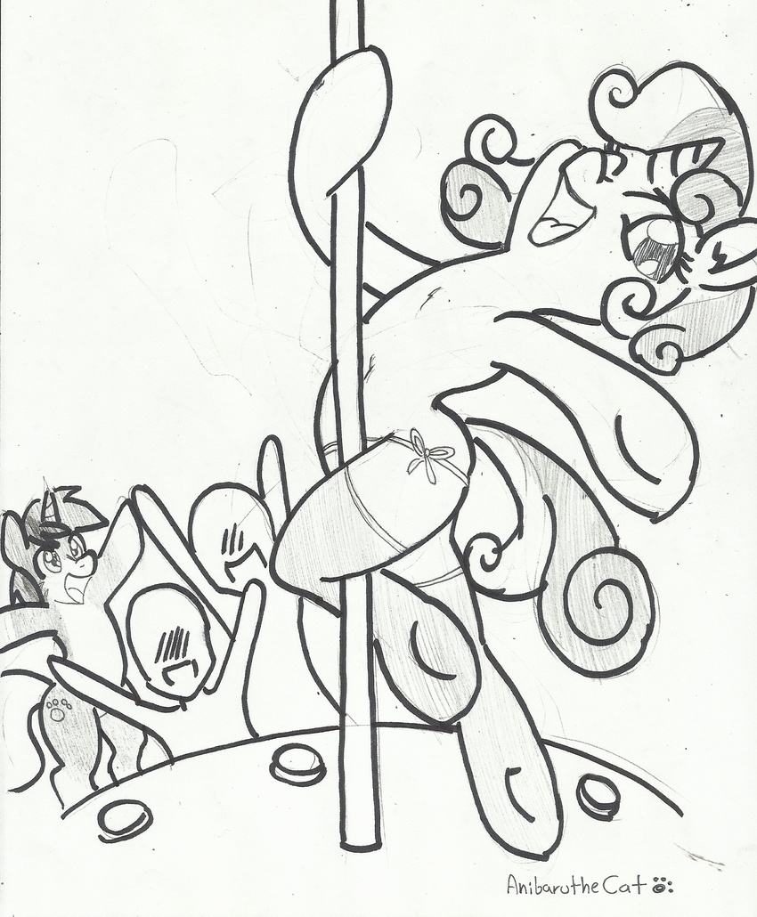 anibaruthecat anthro anthrofied black_and_white cub cutie_mark dancing equine female feral friendship_is_magic fur group hair horn horse human legwear long_hair male mammal monochrome my_little_pony one_eye_closed open_mouth original_character pole pole_dancing pony sketch smile stockings sweetie_belle_(mlp) tongue unicorn wink young