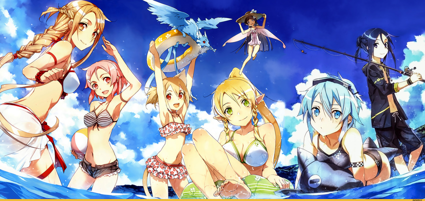 6+girls abec animal_ears asuna_(sao) bad_id bad_yandere_id bikini bikini_skirt black_bikini black_hair blonde_hair blue_hair breasts brown_hair cat_ears cleavage day diving_mask dragon fairy fishing_rod floral_print hat highres innertube kirito leafa lisbeth long_hair long_legs medium_breasts minigirl multiple_girls ocean pina_(sao) pink_hair pointy_ears sarong short_hair short_shorts shorts sinon small_breasts striped striped_bikini striped_swimsuit swimsuit sword_art_online translucent_sarong water watermark white_bikini white_sarong yui_(sao) yui_(sao-alo)