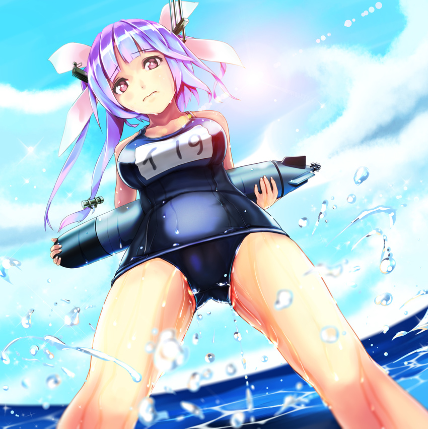 blue_hair breasts hair_ribbon highres holding holding_torpedo i-19_(kantai_collection) infinote kantai_collection large_breasts long_hair name_tag one-piece_swimsuit pee peeing peeing_self red_eyes ribbon school_swimsuit solo star star-shaped_pupils sunlight swimsuit symbol-shaped_pupils torpedo twintails wet wet_clothes wet_swimsuit