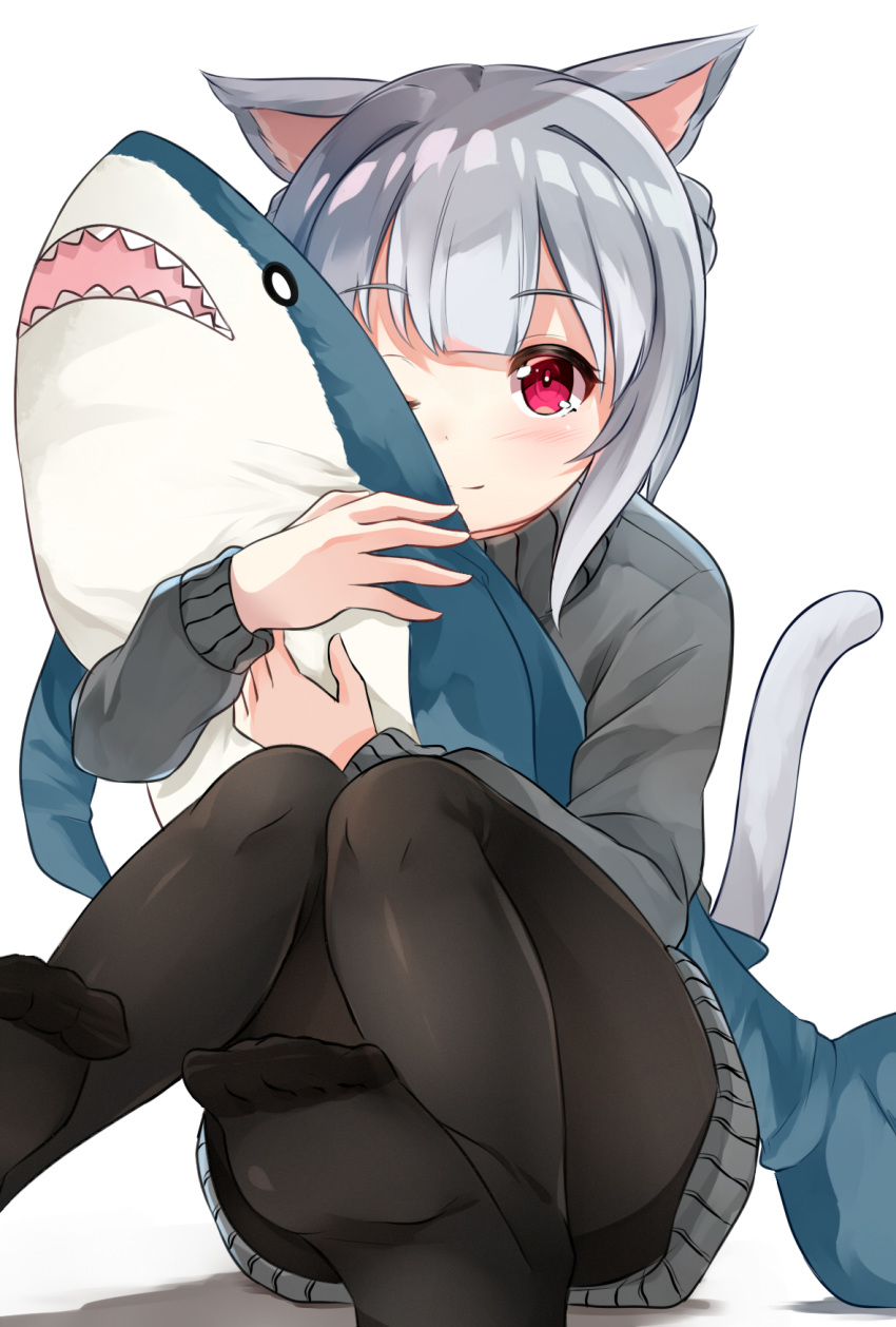 1girl ;) animal_ears bangs black_legwear blush cat_ears cat_girl cat_tail closed_mouth commentary_request eyebrows_visible_through_hair grey_sweater highres ikea_shark long_sleeves looking_at_viewer no_shoes object_hug one_eye_closed original pantyhose red_eyes simple_background sitting smile soles solo sora_(silent_square) stuffed_animal stuffed_shark stuffed_toy sweater tail tail_raised thighband_pantyhose white_background