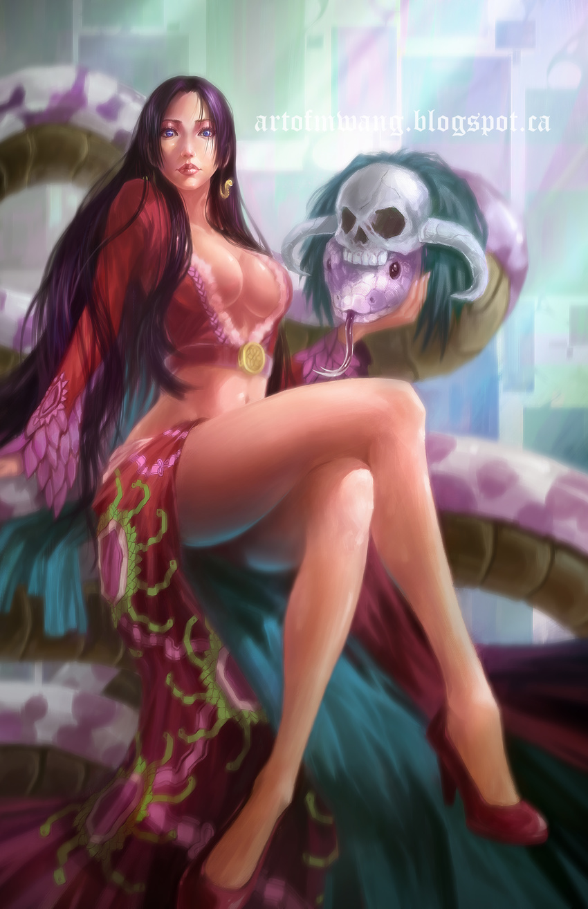 absurdres amazon black_hair blue_eyes boa_hancock breasts cleavage crop_top crossed_legs earrings forked_tongue high_heels highres horns jewelry large_breasts long_hair long_legs long_sleeves looking_at_viewer midriff mikael_wang navel no_bra one_piece realistic red_sclera salome_(one_piece) sitting sitting_on_animal skull snake snake_earrings tongue watermark web_address