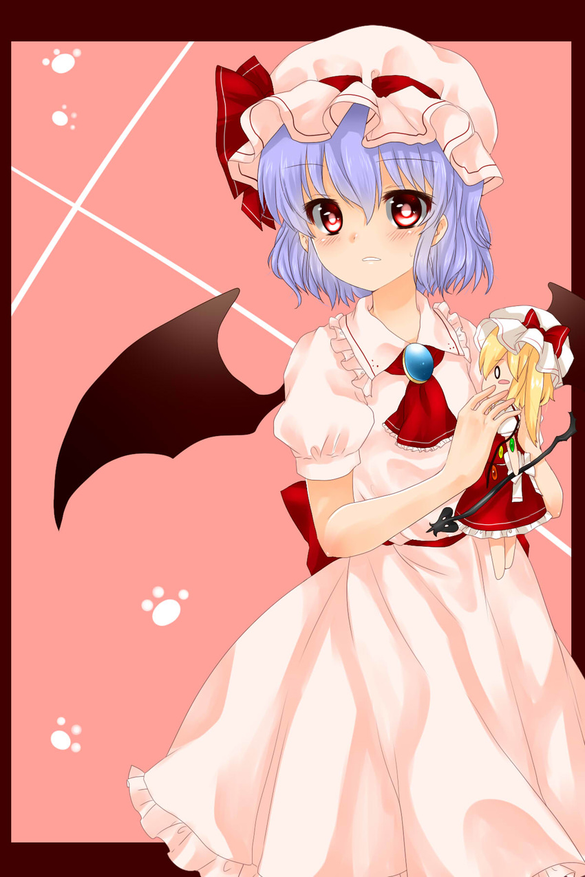 ascot bad_id bad_pixiv_id bat_wings blonde_hair blouse blue_hair blush blush_stickers bow brooch character_doll collared_shirt doll_hug dress flandre_scarlet frame frilled_dress frilled_shirt frilled_skirt frills hat hat_bow highres holding jewelry koyashaka laevatein large_bow looking_at_viewer mob_cap o_o paw_print pink_background pink_dress pink_shirt red_dress red_eyes red_shirt red_skirt remilia_scarlet shirt short_sleeves skirt skirt_set solo standing touhou wings