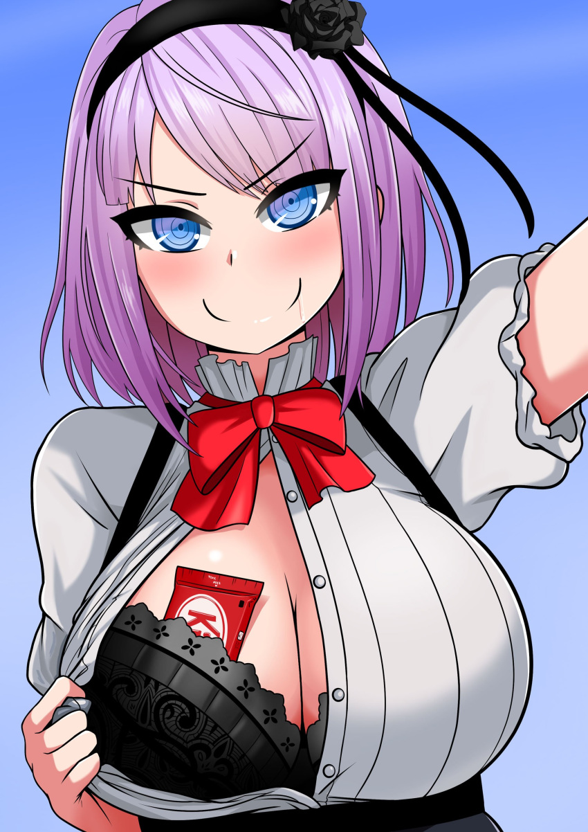 1girl absurdres bangs black_bra blue_eyes bow bowtie bra breasts chocolate cleavage dagashi_kashi drooling eyebrows_visible_through_hair flower food hair_flower hair_ornament highres huge_breasts kitkat lace lace_bra large_breasts lavender_hair looking_at_viewer open_clothes open_shirt saliva self_shot shidare_hotaru shirt short_hair simple_background skirt smile solo suspender_skirt suspenders the_only_shoe unbuttoned underwear upper_body