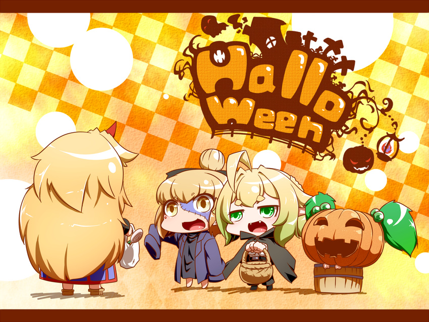 ahoge blonde_hair bucket candy cape fang food green_hair hair_bun halloween horn hoshiguma_yuugi jacket kisume kurodani_yamame long_hair mizuhashi_parsee multiple_girls open_mouth pointy_ears pumpkin short_hair touhou twintails yuuki_(yukigeshou_hyouka)