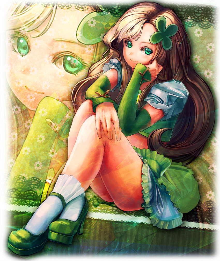 arm_warmers brown_hair chin_rest detached_sleeves green_eyes hair_ornament highres long_hair looking_at_viewer mochisoldier original precure shirt shoes skirt smile socks solo