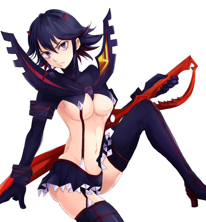 1girl black_hair blue_eyes boots breasts high_heel_boots high_heels highres kill_la_kill matoi_ryuuko multicolored_hair short_hair skirt thigh_boots thighhighs weapon