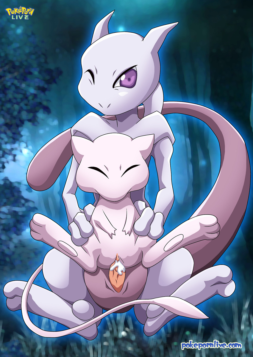 cum cum_in_pussy cum_inside duo eyes_closed female male mew mewtwo nintendo one_eye_closed penetration penis pok&#233;mon pok&eacute;mon pussy sitting size_difference straight vaginal vaginal_penetration video_games wink