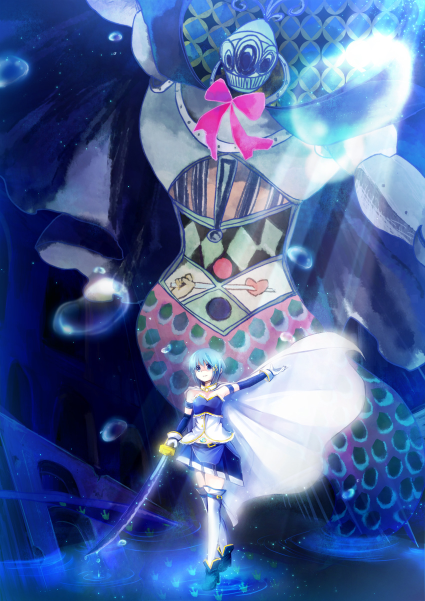 absurdres armband armor belt blue_eyes blue_hair cape gloves hair_ornament hairclip highres magical_girl mahou_shoujo_madoka_magica mahou_shoujo_madoka_magica_movie mermaid midriff miki_sayaka monster_girl oktavia_von_seckendorff ripples short_hair smile solo soul_gem spoilers sword thighhighs weapon witch_(madoka_magica) yukiiri zettai_ryouiki