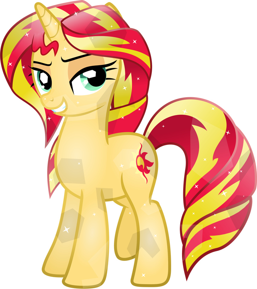 absurd_res alpha_channel blonde_hair crystal_pony_(mlp) cutie_mark equestria_girls equine female feral friendship_is_magic grin hair half-closed_eyes hi_res horn horse looking_at_viewer mammal my_little_pony plain_background pony red_hair shiny solo sunset_shimmer_(eg) theshadowstone transparent_background two_tone_hair unicorn