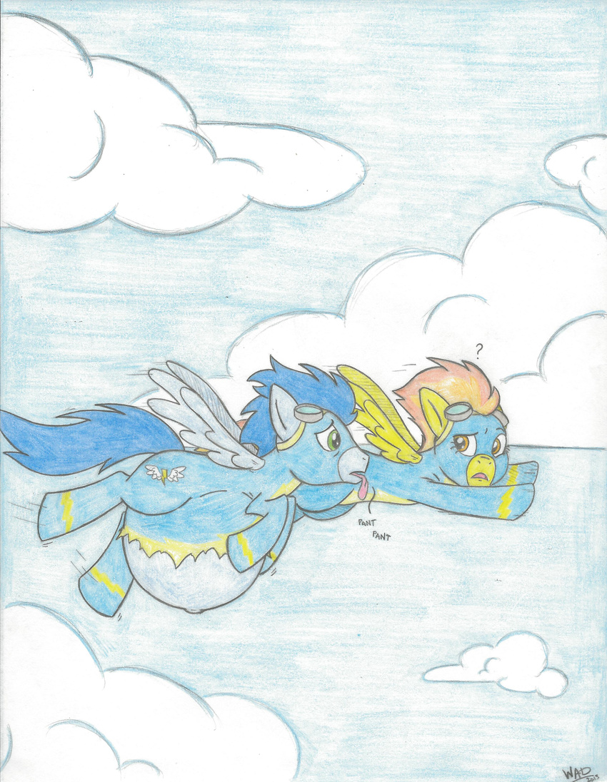 big_belly cloud clouds duo equine exhausted female feral flying friendship_is_magic horse male male_pregnancy mammal my_little_pony outside pegasus pony pregnant quizzical skinsuit sky soarin_(mlp) spitfire spitfire_(mlp) traditional_media wad wings wonderbolts_(mlp)