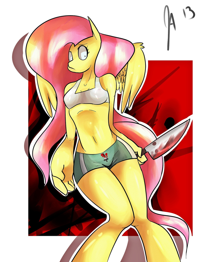 anthro anthrofied blood bra breasts clothing equine female fluttershy_(mlp) friendship_is_magic hair knife mammal my_little_pony pegasus pink_hair shorts solo somescrub underwear weapon wings