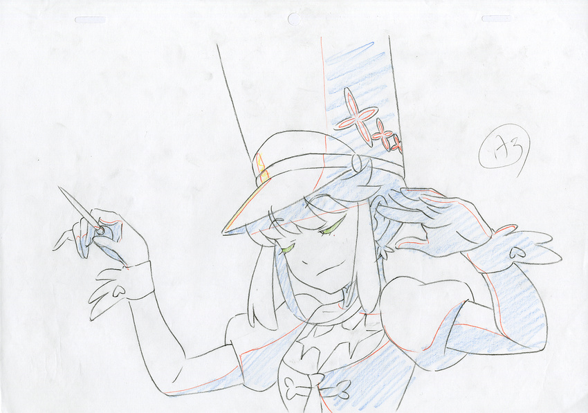 band baton_(instrument) big_hat color_trace commentary conductor gloves hat heart highres jakuzure_nonon key_frame kill_la_kill marching_band official_art partially_colored production_art promotional_art shako_cap sidelocks simple_background sketch smile solo trigger_(company) uniform wrist_cuffs wrist_guards wrist_wrap