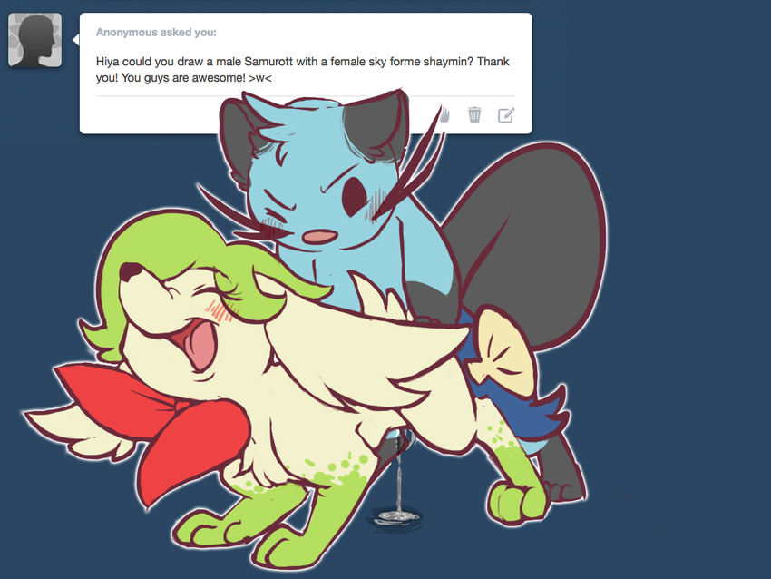 canine cum dewott duo female feral from_behind fur interspecies male mammal mustelid nintendo open_mouth otter plain_background pok&#233;mon pok&eacute;mon sex shaymin straight tongue video_games whimsydreams