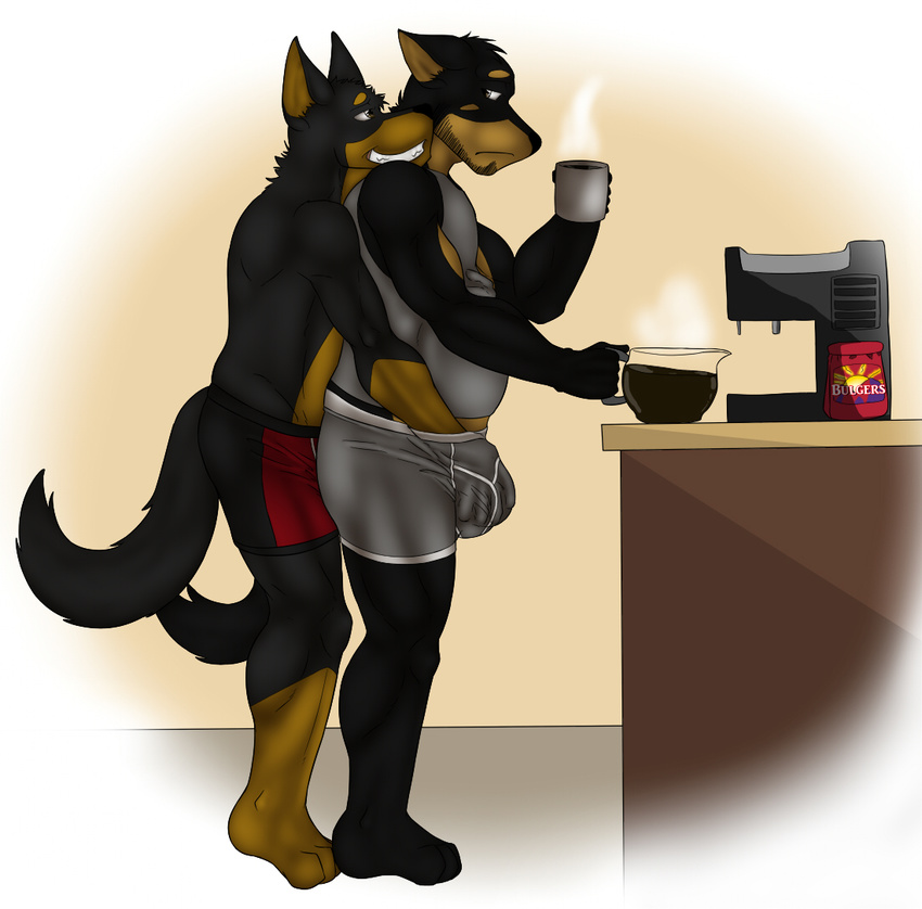 beauceron biceps big_muscles black_fur boxers brown_eyes brown_fur bulge canine chubby clothing coffee crotch_grab daddy-o dog doggieo doggieo_(character) duo fangs father father_and_son fondling frown fur gay grin gripping grope hand_in_underwear hand_under_clothes handjob holding incest kitchen male mammal muscles overweight parent pose reach_around shirt side_view smile son standing tank_top teeth topless underwear
