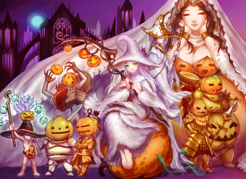 5boys armor barefoot beard big_hat_logan breasts brown_hair chibi cleavage crossdressing dark_souls dark_sun_gwyndolin dragon dragon_slayer_ornstein executioner_smough facial_hair feet fur gauntlets giantess green_eyes halloween hammer hat highres huge_breasts jack-o'-lantern jewelry knight lady_of_the_darkling leaning_back long_hair mimic mimic_(dark_souls) mimic_chest multiple_boys multiple_girls on_head one-piece_swimsuit otoko_no_ko polearm priscilla_the_crossbreed pumpkin queen_of_sunlight_gwynevere robe scythe seath_the_scaleless siegmeyer_of_catarina sitting smile snake souls_(from_software) spear staff swimsuit sword tail weapon white_hair wings witch_hat wizard_hat