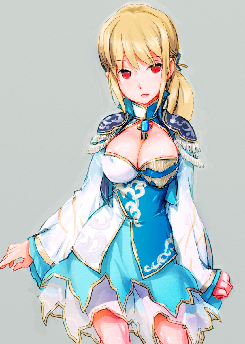 areola_slip areolae blonde_hair breasts cleavage epaulettes fringe_trim grey_background highres jewelry large_breasts long_hair najimi_shin parted_lips pendant ponytail red_eyes sapphire_(stone) shin_sangoku_musou sidelocks simple_background solo standing wang_yuanji