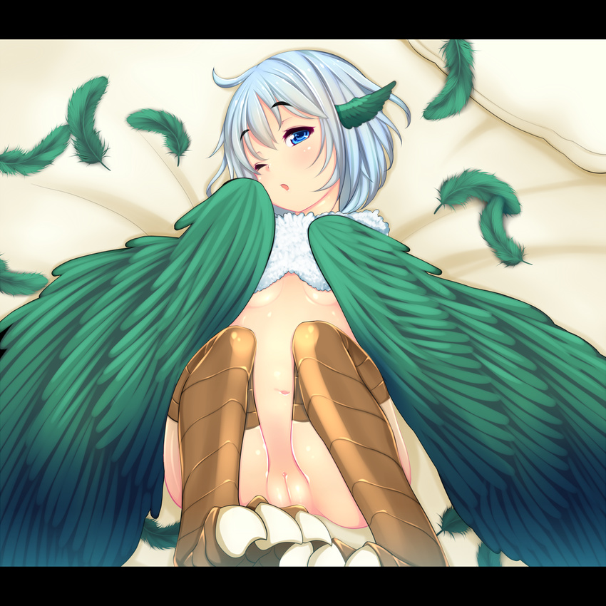 animal_ears bed blue_eyes blush bottomless breasts claws feathered_wings feathers green_wings harpy highres kiyomin letterboxed looking_at_viewer lying monster_girl navel on_back one_eye_closed original pillow pussy short_hair silver_hair small_breasts solo underboob wings