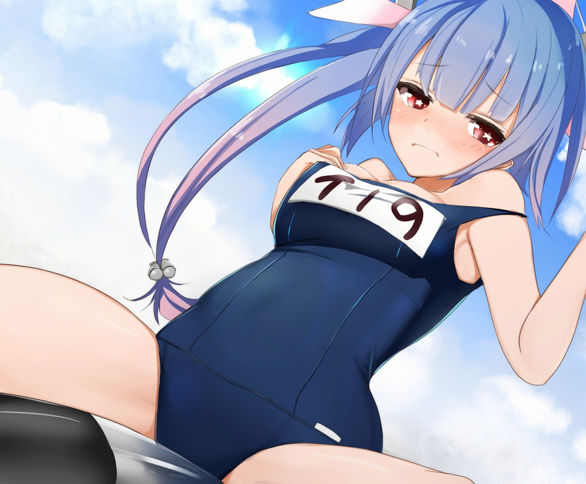 bangs blue_eyes blunt_bangs blush breasts i-19_(kantai_collection) kantai_collection large_breasts one-piece_swimsuit partially_undressed ratsuku_kinoko red_eyes school_swimsuit solo star star-shaped_pupils swimsuit symbol-shaped_pupils twintails