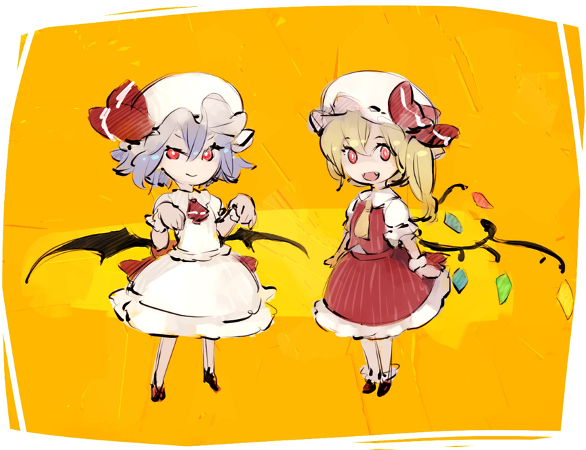 bat_wings blonde_hair blue_hair chibi dress fang flandre_scarlet hat hat_ribbon looking_at_viewer mob_cap multiple_girls open_mouth puffy_sleeves red_eyes remilia_scarlet ribbon shihou_(g-o-s) shirt short_sleeves siblings side_slit sisters skirt skirt_set smile touhou vest white_dress wings