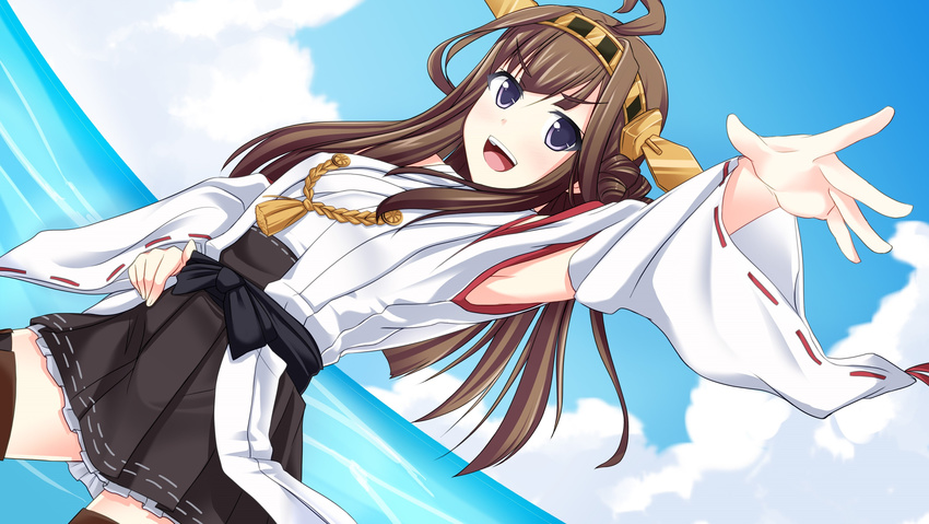:d absurdres blue_eyes blue_sky blush boots brown_hair cloud day detached_sleeves double_bun frilled_skirt frills furukawa_tsukumo hair_ornament hairband hand_on_hip headgear highres japanese_clothes kantai_collection kongou_(kantai_collection) long_hair nontraditional_miko open_mouth ribbon-trimmed_sleeves ribbon_trim skirt sky smile solo thigh_boots thighhighs v-shaped_eyebrows water