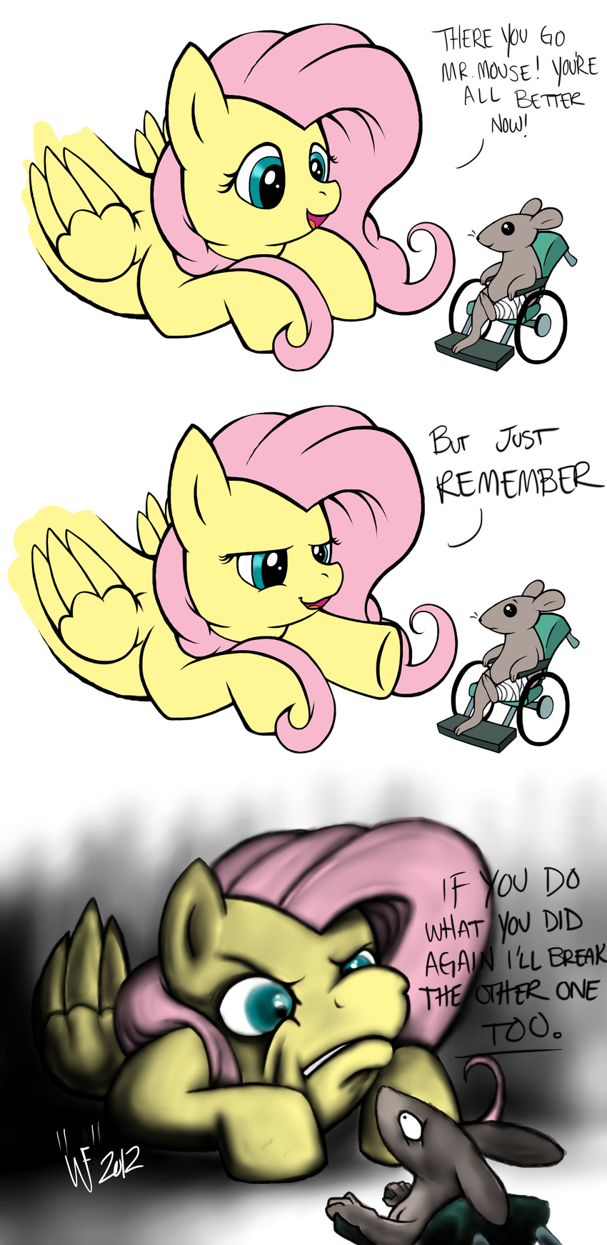 absurd_res comic dialog english_text equine female feral fluttershy_(mlp) friendship_is_magic fur green_eyes hair hi_res horse long_hair mammal mouse my_little_pony open_mouth pegasus pink_hair pony rodent smile text tongue wheelchair wings wolverfox yellow_fur