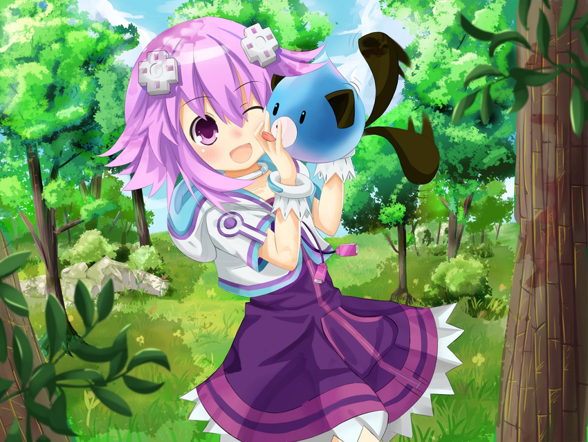 :d ;d blush dogoo dress forest grav hair_ornament hood hoodie nature neptune_(choujigen_game_neptune) neptune_(series) one_eye_closed open_mouth purple_eyes purple_hair smile solo tail tail_wagging tree