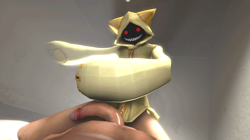 animated anthro blazblue cat cgi erection faceless_male feline female first_person_view grin hood human looking_at_viewer male mammal moneyshot_(artist) nude penis red_eyes smile source_filmmaker straight taokaka vein video_games
