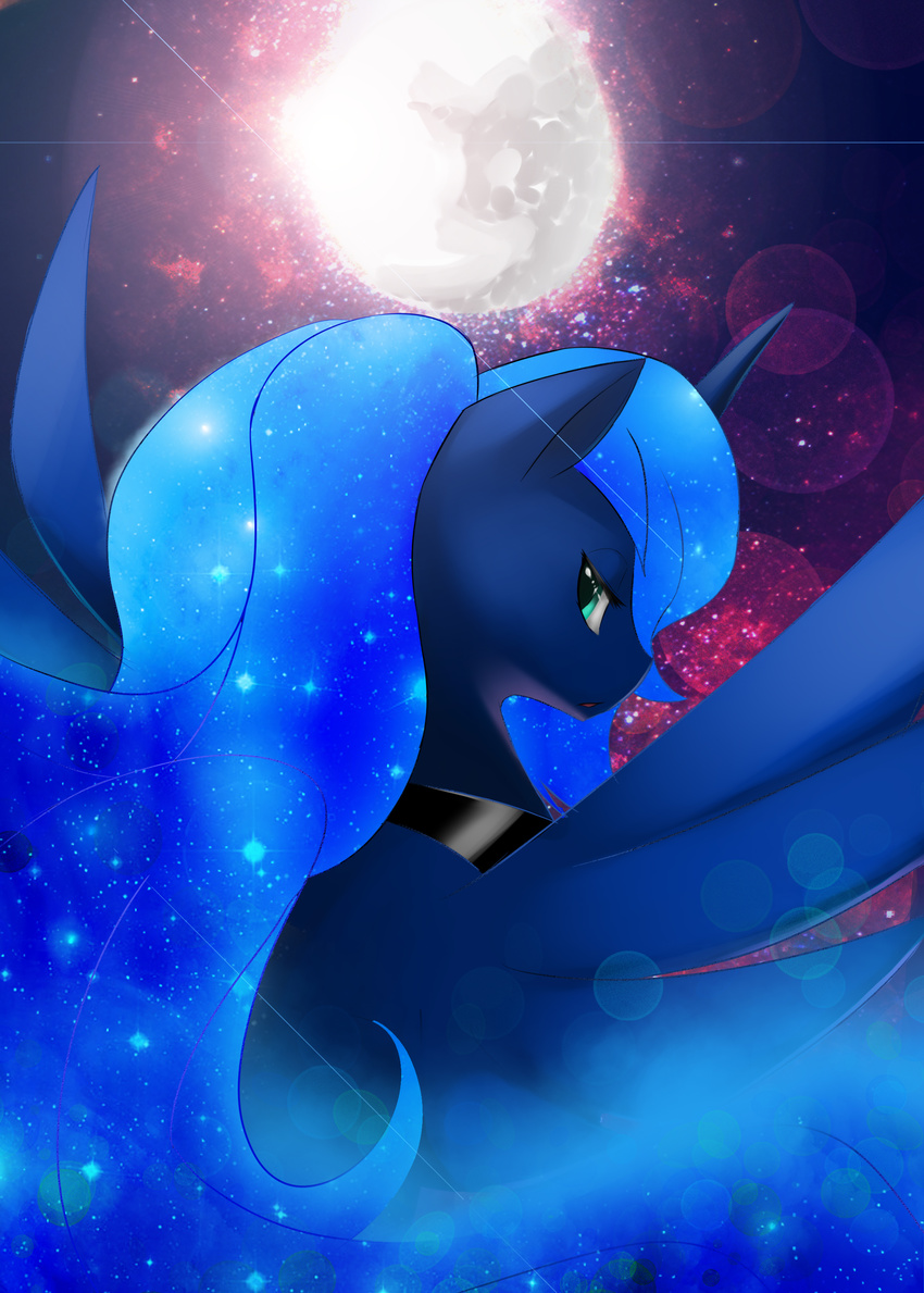 blue_skin collar cyan_eyes equine female feral friendship_is_magic hair horn horse lens_flare looking_back mammal mane moon my_little_pony night_sky pony princess_luna_(mlp) silver723 silver723_(artist) winged_unicorn wings