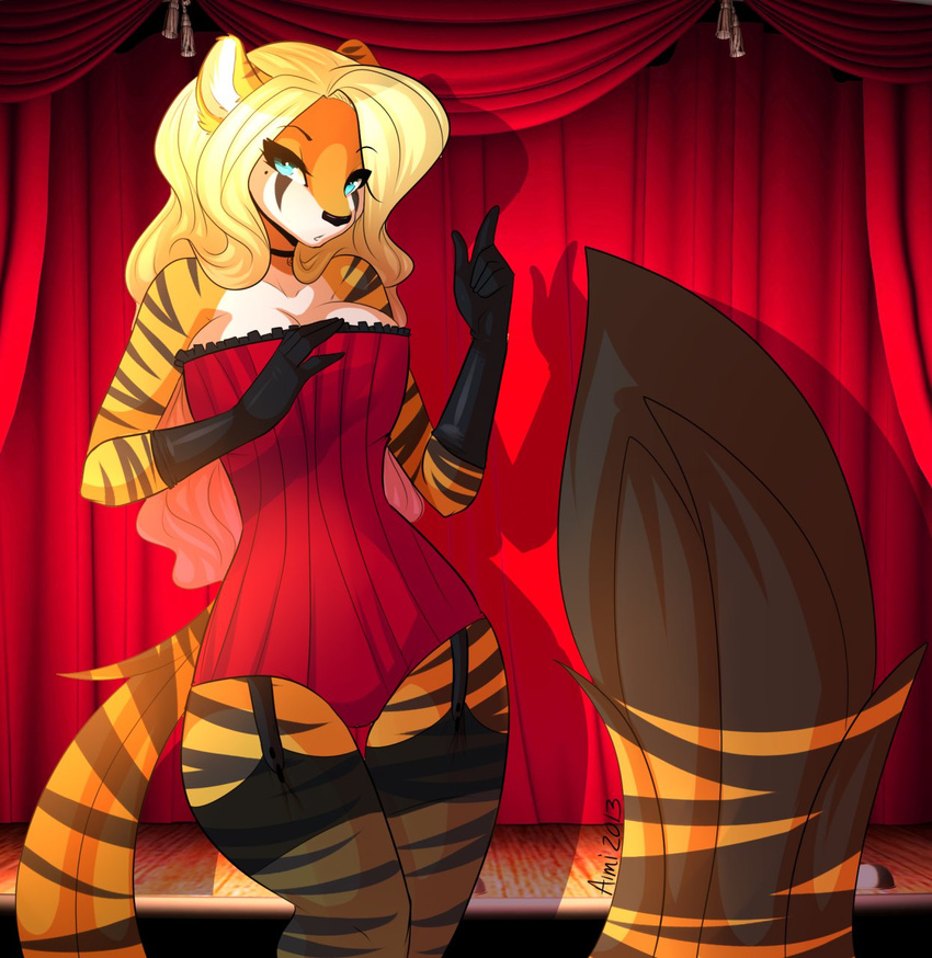 aimi anthro aqua_kittypaws big_breasts blonde_hair blue_eyes breasts cleavage clothed clothing corset cyan_eyes feline female gloves hair legwear long_hair looking_at_viewer mammal pose skimpy solo stockings tiger warm_colors wide_hips