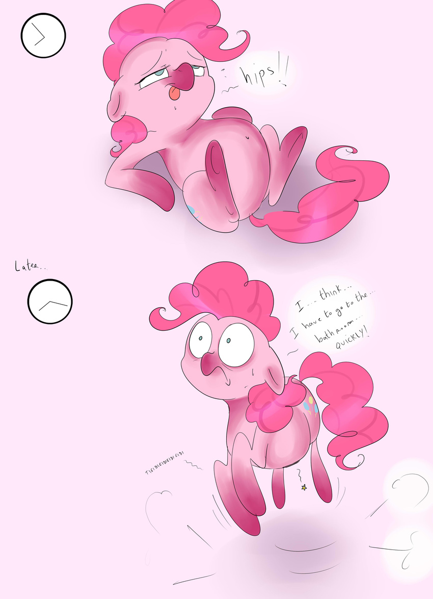 absurd_res blue_eyes comic cutie_mark dialog english_text equine female feral friendship_is_magic fur hair hi_res horse lying mammal my_little_pony omorashi on_back pink_fur pink_hair pinkie_pie_(mlp) pony solo text theponybox696