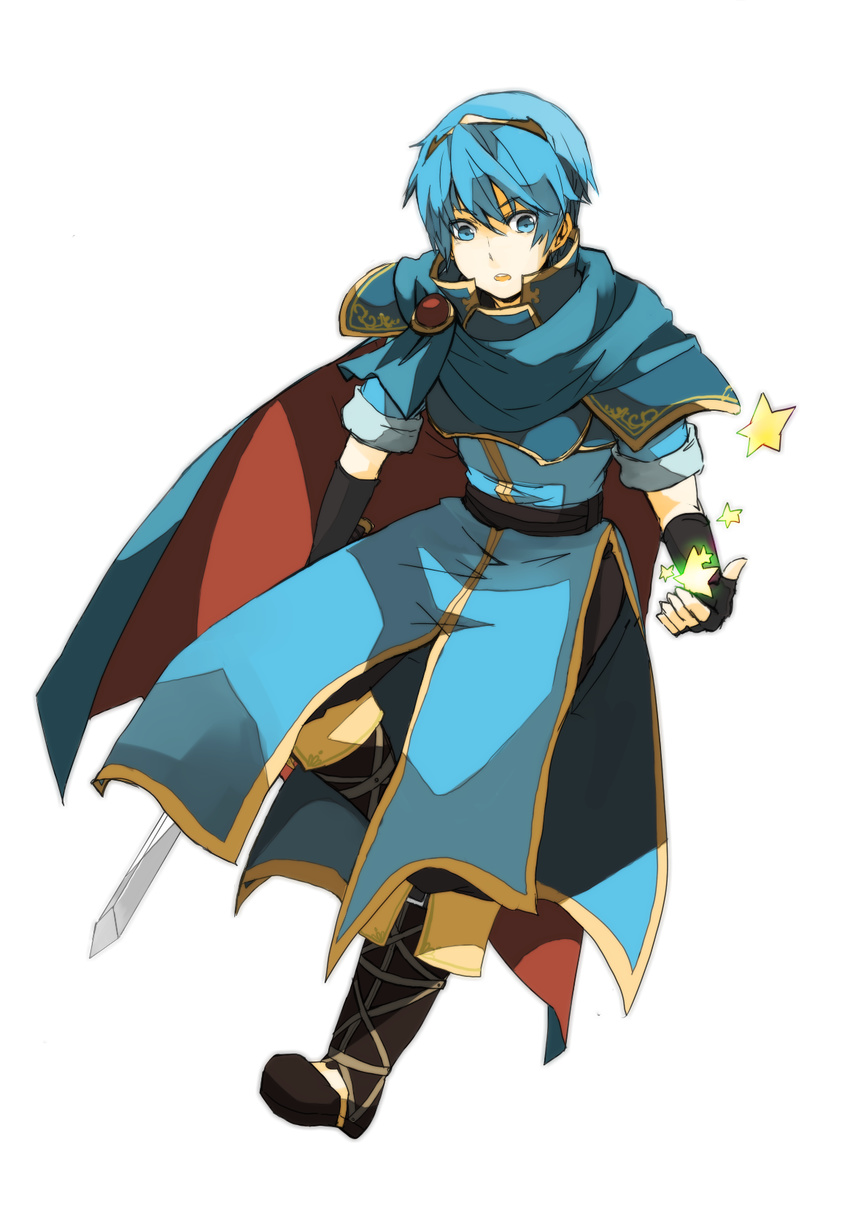 blue_eyes blue_hair cape fire_emblem fire_emblem:_monshou_no_nazo gloves highres male_focus marth solo star sword tiara weapon