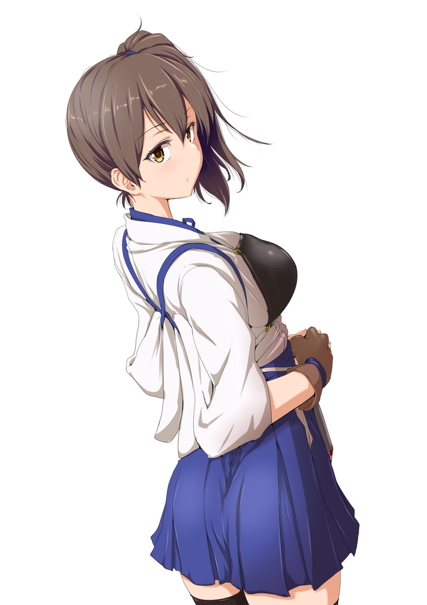 absurdres black_legwear breasts brown_eyes brown_hair clearite from_behind gloves hakama_skirt highres kaga_(kantai_collection) kantai_collection large_breasts looking_back muneate side_ponytail simple_background single_glove skirt solo tasuki thighhighs white_background zettai_ryouiki